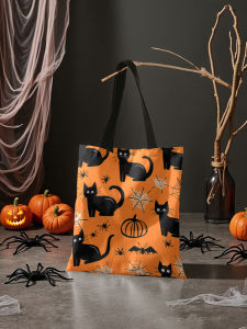 Halloween Black Cat Pattern Printed Casual Handbag Reusable Fashion Shopping Bag