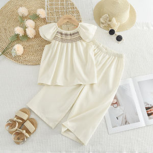 Menoea New Korean Version Solid Color Flying Sleeves Girls Outfits Summer Fashion Wavy Line T-shirt Tops + Pants Two-piece Set 3-7 Years Kids Casual Plain Clothes