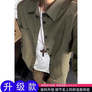 เสื้อเชิ้ตแขนยาวผู้ชายผ้าฝ้ายแท้สีกรมท่าสไตล์อเมริกันย้อนยุค Cleanfit แจ็คเก็ตแบบลำลองสำหรับฤดูใบไม้ร่วง