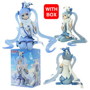 Bandai | 12CM Animation Anime Beautiful Girl Hatsune Miku Snow sitting posture  Model Doll Toys Cute Handmade PVC Model Decorations