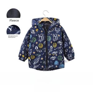 Childrens Fleece Lined Windproof Waterproof Jacket Autumn Winter Boys Casual Hooded Coat Polyester Fabric Cartoon Pattern