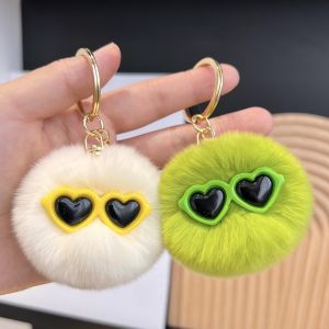 Cute Real Rex Rabbit Fur Small Fur Ball Car Keychain Pendant Colorful Pompons Schoolbag Bag Ornaments Birthday Gift