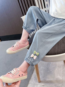 Girls Summer Thin Casual Cotton Silk Denim Pants Anti-Mosquito Childrens Clothing Soft Waist Nine Points Long Trousers