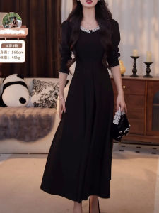 French Black Dress 2024: New Arrival Fall & Winter Fancy Waist Slim Crew Neck High Waist A-line Skirt