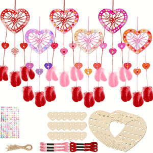 Wooden Heart Dream Catcher DIY Kit - Holiday Pendants Hanging Ornaments for Mothers Day Decoration Painted Heart Shaped Set