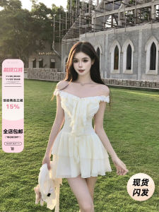 Summer New Style Jizhou Beach V-Neck off Shoulder Dress Womens Slimming Hanging Neckline A-Line Skirt Commute Style Dress