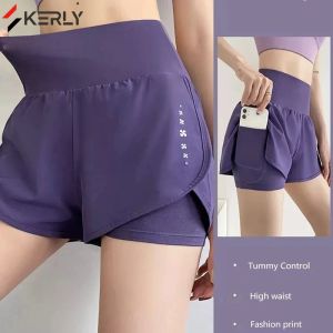 Gym Sport Shorts Women Elastic High Waist Short Pants With Pockets Fake Two Pieces Yoga Leggings Running Training Shorts