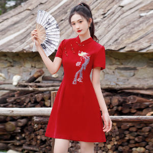 Red Slimming Cheongsam Dress Womens Fashionable Retro Style Short Length Daily Wear Low Slit Celebration Dress