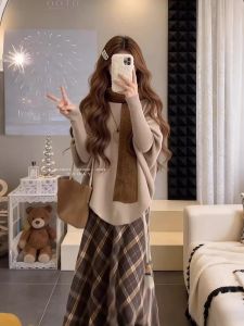 XUECAIQI | Korean Style Winter Knit Sweater and Check Skirt Set