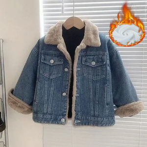 Girls Thick Denim Jackets Childrens Plus Velvet Winter Warm Coats New Padded Outerwear Kids Fleece-lined Casual Clothing 4-12Y
