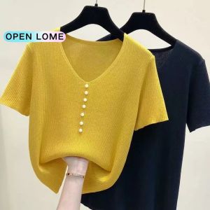 Short-sleeved Knitted Blouse for Women Plainv Neck T-shirt New Fashion All-match Loose Casual Tops