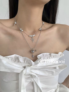 YoRoooi Ins Style Pearl Saturn Double Layered Necklace Korean Personality Light Luxury Clavicle Chain Jewelry Accessory