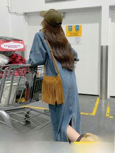 Hong Kong Style Vintage Long Sleeve Denim Dress Women Early Autumn Atmosphere Sensation High End Feeling Elegant Slimming Split Long Dress