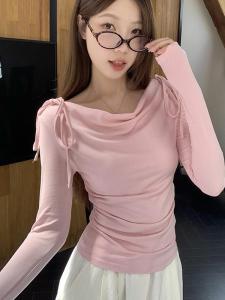 Áo Thun Dài Tay Phong Cách Hàn Quốc Cho Nữ Mùa Thu Đông Cổ Chữ V Bó Sát Một Bên Vai Eo Cao Tay Dài Thường Ngày