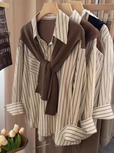 Áo Sơ Mi Voan Kẻ Sọc Dài Tay Mùa Xuân Thu Mới Về Cho Nữ Áo Khoác Ngoài Kiểu Dáng Hai Mảnh Dáng Rộng Cổ Polo Cài Nút