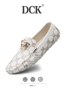 DCK Mens Bean Shoes Genuine Leather Slip-On Loafers Casual round Toe Flat Heel Spring Autumn Collection Fashion Footwear