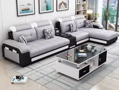 sofa ruang tamu modern 2024 satu set dengan meja HPL dan kursi kotak kecil