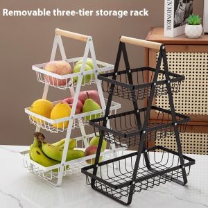 ตะกร้าผลไม้หลายชั้นสำหรับห้องครัว ตะกร้าเก็บของแบบพกพาตาข่ายกลวงสามชั้นสำหรับห้องนั่งเล่น ชั้นวางขนมผลไม้แห้ง