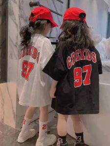 Pure Cotton Girls Mid-Length T-Shirt Summer Clothing Childrens K-style Loose Tops Kids Short Sleeve Shirtdress Basketball Wear