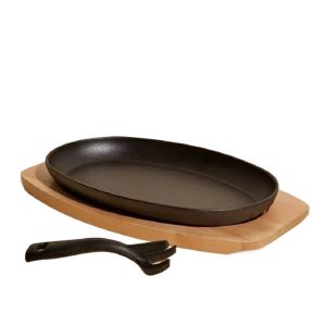 JUSTINLAU | JUSTINLAU Thickened Cast Iron Oval Steak Frying Pan with Wooden Tray& Iron Claw for Home Grilled Fish and Outdoor Grilling Tool