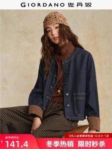 Designer Giordano Womens Patchwork Corduroy Sleeve Loose round Neck Denim Jacket 18375609 Casual Long Sleeve Cotton Blend