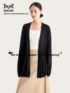 Miiow | Black Knitted Cardigan Top Lightweight Medium Length Rayon Lyocell Acetate Cover Up Outerwear Cat Person Summer 2025