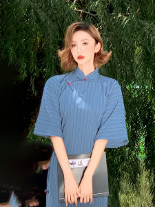 Blue Traditional Cheongsam Full Open Collar Large Sleeve Ancient Method Student Daily Bookish Style Spring Season Womens Dress