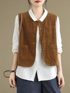 Retro Corduroy Short Vest Outerwear Women Casual round Neck Layering Shoulder Padless Sleeveless Plaid Top for Small Figures