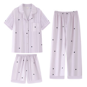 miiow | Cat Woman Ice Silk Sleepwear Loose Short Sleeve Long Pants Home Clothes Set For Women Summer New Style Sweet Cute Style