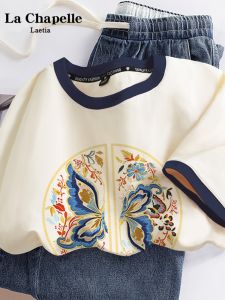 Áo Thun Nữ Tay Ngắn Cotton Phong Cách Trung Hoa Mới Mùa Hè 2025 La Chapelle Laetia Áo Thun Dáng Rộng Cổ Tròn in Họa Tiết Hoạt Hình