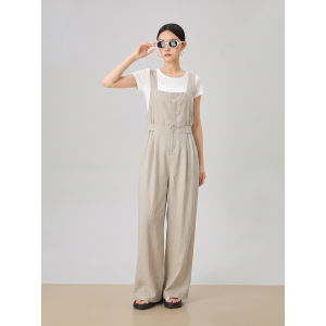Khaki Linen Sleeveless Waist-Cinching Casual Dungaree-Style Jumpsuit