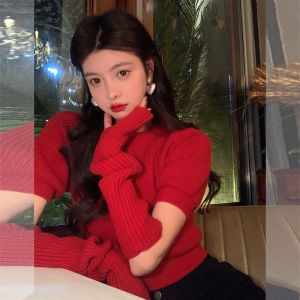 Christmas New Year Battle Robe Red Oversleeve Knitted Sweater Short Autumn and Winter Fashionable Stylish Sweet Puff Sleeve Coat for Women