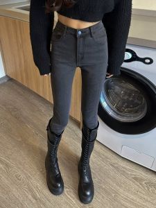 Smoke Grey Slim Fit High Waist Denim Jeans Womens Spring Autumn New Style Nine Points Tight Pencil Pants Cotton Elastic Fabric