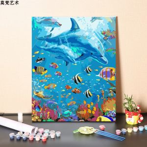 Digital Acrylic Painting DIY Hand Coloring Landscape Canvas Modern Simple Style Dolphin And Fish Cartoon Home Decor Artwork