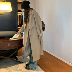 Korean Style Khaki Womens Windbreaker Jacket Spring Autumn Loose Casual Elegant Medium Length Coat Button Pocket Detail