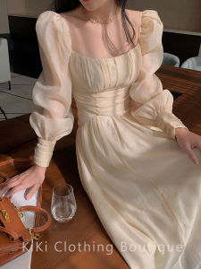 French Style High Waist Bubble Sleeve Square Collar Dress Tea Break Skirt Womens Fashion Spring A-Line Midi Dress