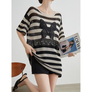 Black And White Contrast Hollow Out Striped Knitted Leisure T-Shirt Dress