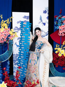 Blue Chinese Style Wedding Engagement Banner Photograph Background Curtain Decoration Package for Brides New Morning Robe