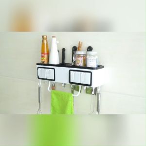 Kệ gia vị dán tường Ra815 đựng muỗng đũa dao kéo có 4 hủ gia vị kèm muỗng trong nhà bếp đa năng - Khay để chai gia vị kèm giá treo khăn tiện lợi