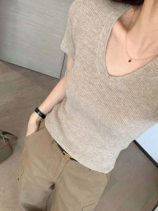 YUANYA | Graceful Slim Fitting V-neck Knit Short Sleeve T-shirt