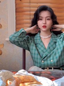 Retro Womens Long Sleeve Shirt Spring Autumn Design Hong Kong Style Checkered Polo Collar Premium Feel Commute Friendly