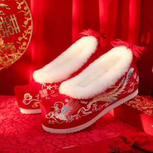 Red Chinese Style Flat Heel Winter Hanfu Wedding Shoes Womens Fur Lined Embroidered Comfortable Footwear for Brides