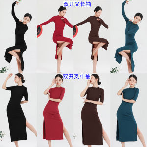 Modern Dance Dress Slimming Black High Waist Midi Skirt Double Slit Qipao Performance Costume Retro Commute Style Long Sleeve
