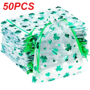 50PCS Four-leaf Clover Printed Organza Bags Patricks Day Bright Green Gift Jewelry Pouches for Patricks Day