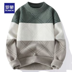 ROMON | Lomond Mens Round Neck Knitted Sweater Thickened Casual Loose Winter Fashion City Style Long Sleeve Warm Base Shirt