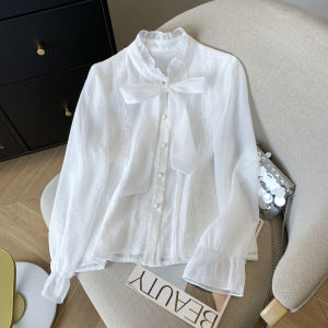 Áo Sơ Mi Ren Tay Dài Cổ Đứng Phong Cách Hàn Quốc Cho Nữ Mùa Xuân Thu Thiết Kế Nhỏ Bên Trong Áo Sơ Mi Dài Tay