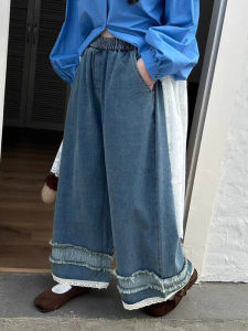 plus Size High Waist Lace Splice Wide Leg Jeans Womens Summer Loose Fit Slimming Denim Pants Vintage Style Multi Pocket