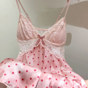 V.C.I | Pink Padded Ice Silk Lace Dot Nightdress