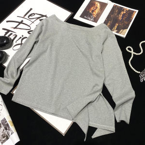 Casual Embroidered Long Sleeve T-Shirt Shoulder Bared Design Loose Fit Side Knot Detail Daily Wear Spring Season Ladies Top