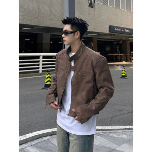 Cleanfit Brown Cropped Leather Coat Mens Padded Shoulder Maillard Wear American Retro Stand Collar Flight Jacket
